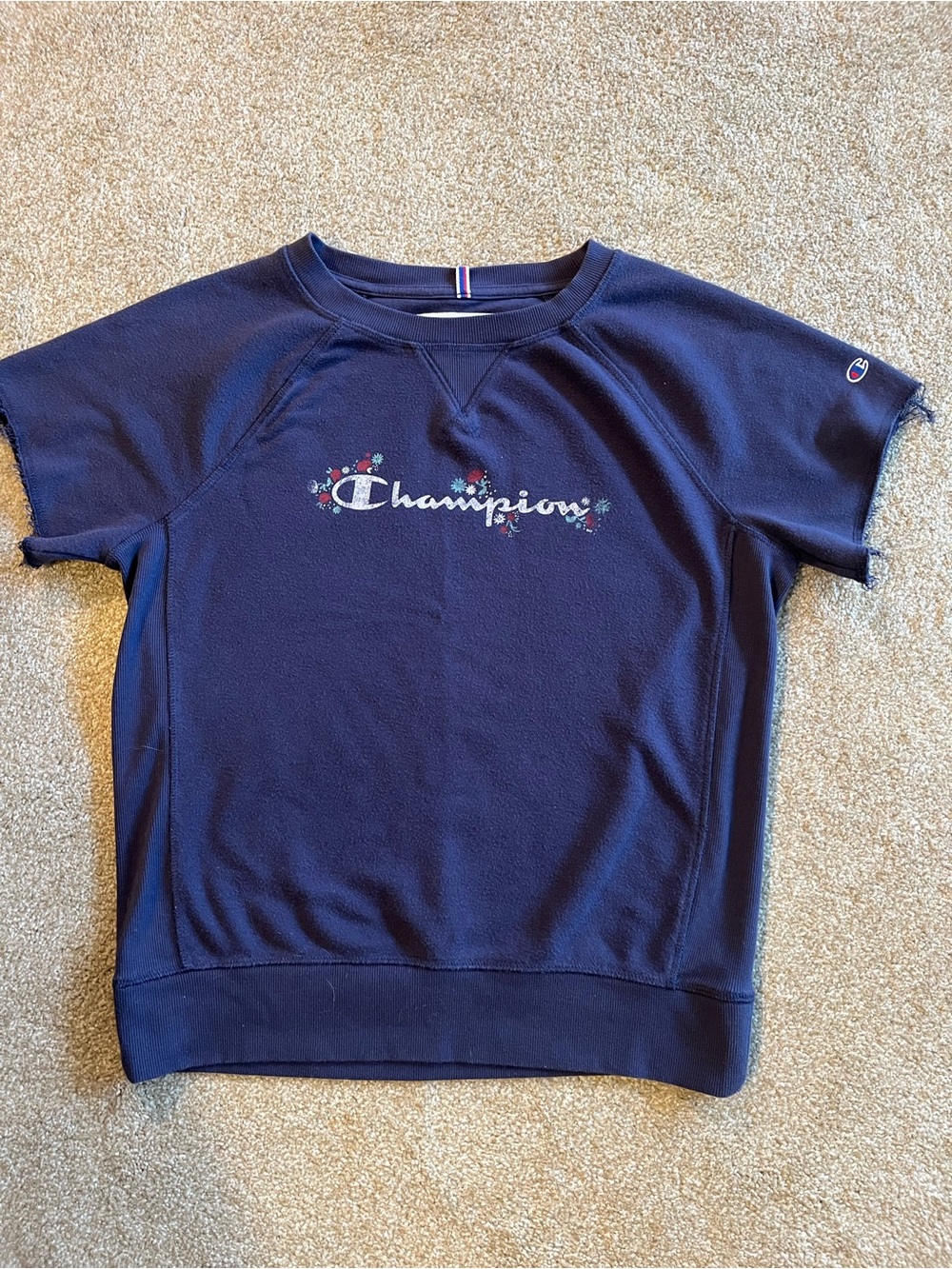 Champion Navy Short-Sleeve Frayed sleeves Sweatshirt with Floral Logo